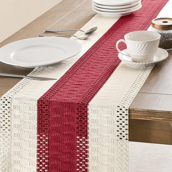 ZeeMart Macrame Style Bicolor Stitching Table Runner, 14 x 108 Inch Red/Ivory, Boho Red Table Runners 108 Inches Long, Farmhouse Woven Home Decor