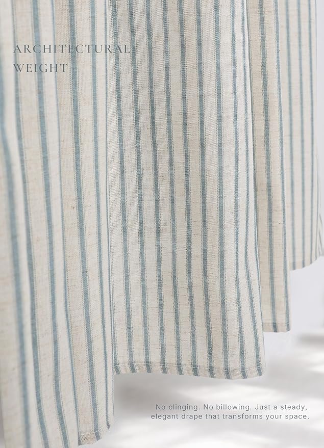 Farmhouse Striped Shower Curtain - 72x84 Inches, Linen Blend Fabric, Breathable & Machine Washable, Rustic Dusty Blue for Bathroom Decor (Hooks/Liner Not Included)