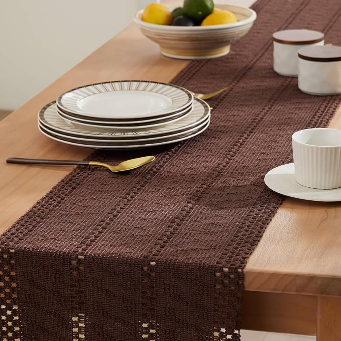 ZeeMart Macrame Style Boho Table Runner, Dark Brown Table Runners 72 Inches Long, Farmhouse Woven Home Decor, 12x72 Inch, Chocolate