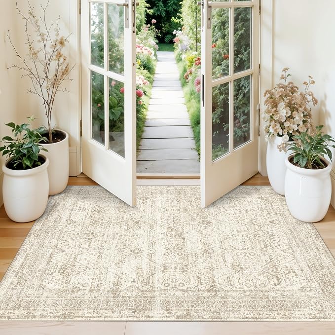 3x4 Rug Entryway Washable: Small Non Slip Front Door Mat with Rubber Backing for Bathroom Kitchen Indoor Entrance, Neutral Boho Low Pile Vintage Area Rug for Bedroom (Beige/Ivory 3ft x 4ft)