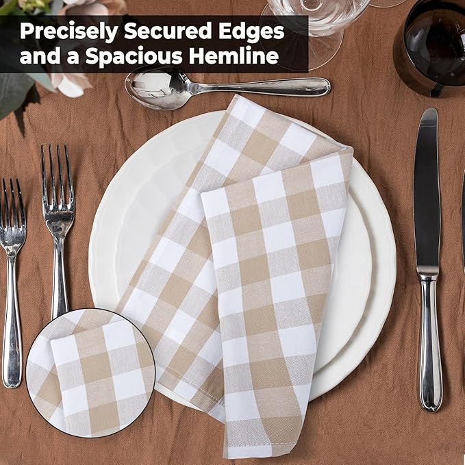 Urban Villa Cloth Napkins 100% Cotton Highly Absorbent Washable Reusable Premium Dinner Napkins Ideal for Gifts for Mothers Day Hotel Farmhouse Parties - Taupe/White Checks (20" x 20", Set of 6)