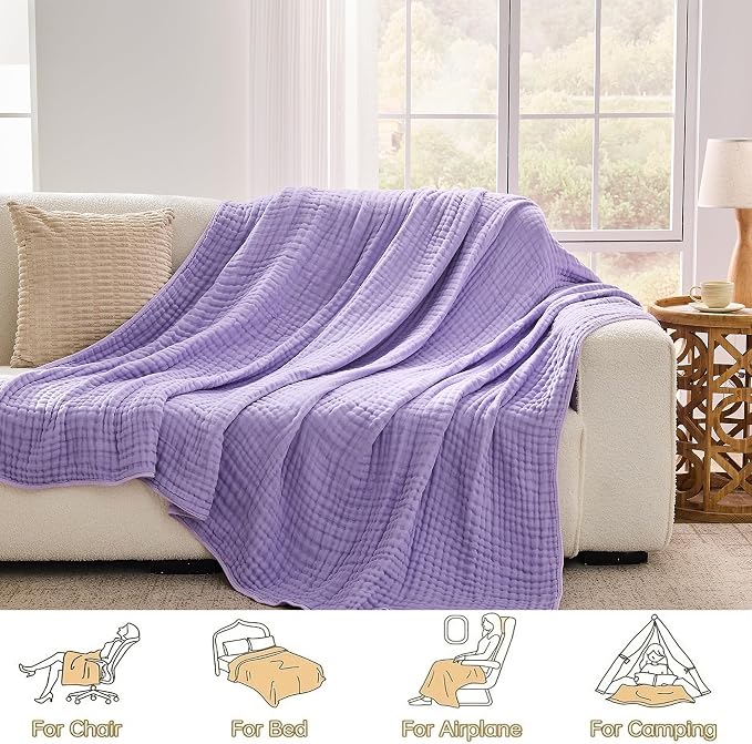 VANJOROY 9-Layer Muslin Throw Blanket King 90" x 108" Purple, 100% Cotton Organic Breathable Lightweight Large Throw for Couch Bed Quilt and Bedspread - All Season Muslin Soft Gauze Blanket