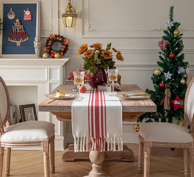 Christmas Table Runner 13 x 72 Inch for Dining Table, Boho Christmas Decorations, Coffee Table Runner with Handcrafted Tassels, red and Beige Stripe Table Runner for Holiday, Winter