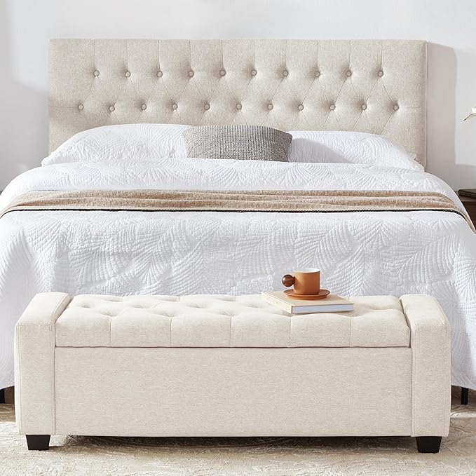 Mangodan 48" Ottoman with Storage, Large Storage Ottoman Bench for Bedroom with Safety Hinge, Upholstered Tufted Window Benches, End of Bed Bench for Living Room, Entryway Bench with Seating, Beige