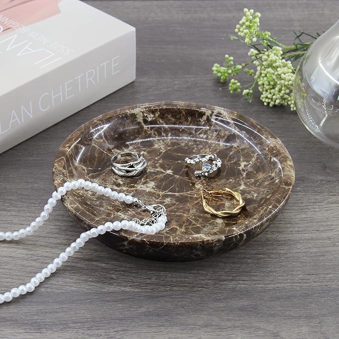 Small Natural Marble Jewelry Tray Key Plate Holder Dish Trinket Decor Catch All Bowl for Ring Earring Stone Gift for Women Daugther,Dark Brown,5.5"