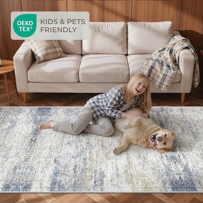 3x10 Runner Rug Non Slip Washable for Entryway, Vintage Hallway Runner for Front Porch, Laundry Room, Bedroom, Abstract Stain Resistant Indoor Kitchen Mats for Floor(3'x10',Blue/Brown/Ivory)