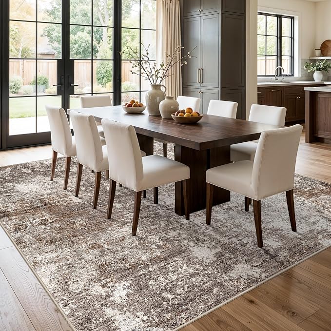 9x9 Square Rug Living Room – Washable Non-Slip Indoor Area Rug for Bedroom Dining Room Home Office – Low Pile Soft Modern Neutral Carpet (Brown Beige，9x9)