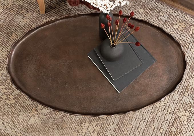 Kate and Laurel Alessia Transitional Oval Coffee Table; 34 x 20 x 15; Bronze; Metal Living Room Table for Storage and Display with Antique Deckled Edge Detailing