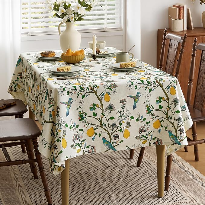 Vintage Colorful Floral Rectangle Tablecloth: Linen Printed Farmhouse Table Cloth - Whimsical Plant Lemon Bird Patterned on Cream Burlap Textured Outdoor Table Cover for Home Decor, 55x102 Inch