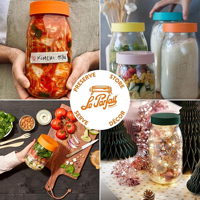 Le Parfait Eco-Friendly Zero Waste Wide Mouth Glass Jar with Airtight Screw Top Lid – Reusable French Storage Jar for Food, Soup, Flour, Sugar, Canning & Baking (1L/32oz, 4 Pack, White)
