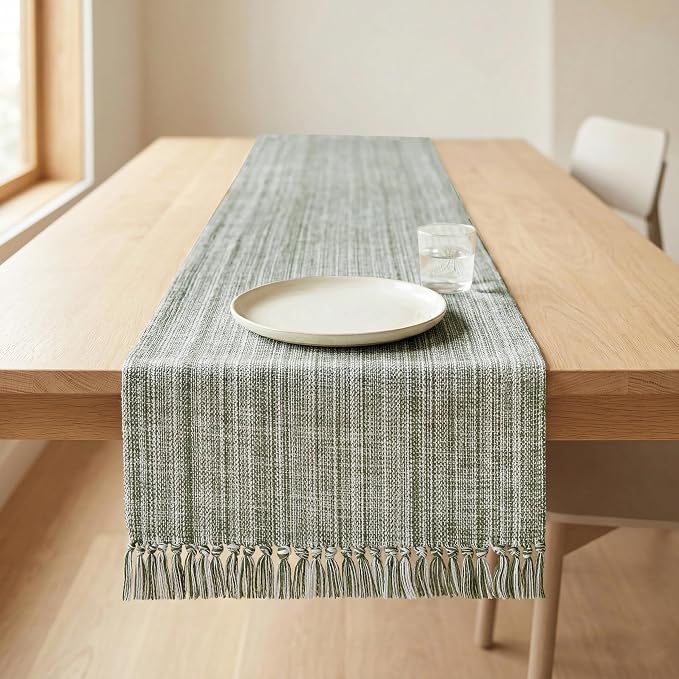 PurpleEssences Chambray Table Runner with Fringes - 100% Cotton, 13x72 Inch - Rustic Farmhouse Table Décor, Reusable, Machine Washable for Dining Tables - Spring Easter Summer - Olive Green & H.White
