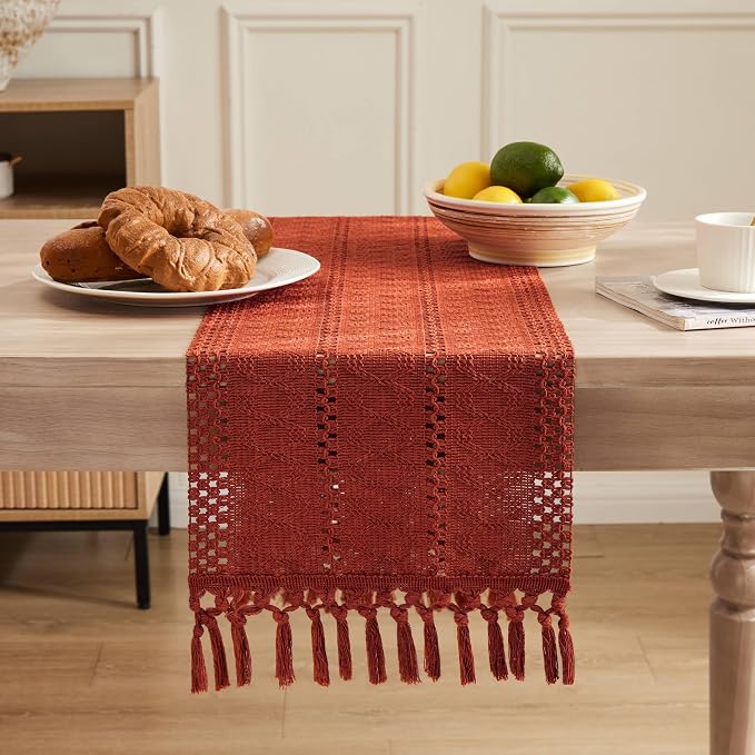 ZeeMart Macrame Style Boho Table Runner, Rust Table Runners 90 Inches Long, Farmhouse Woven Home Decor, 12x90 Inch, Rust