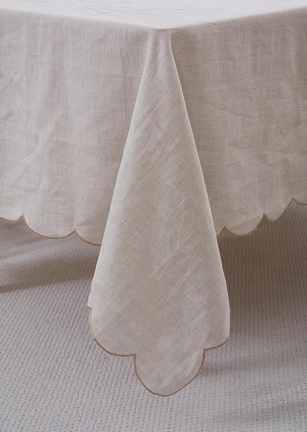 100% French Flax Linen Tablecloths Scalloped Embroidery Rectangle 144Lx60W Inch for Dinners, Parties, Spring, Machine Washable, 12-14 Sets, Linen(Edges-Gold)