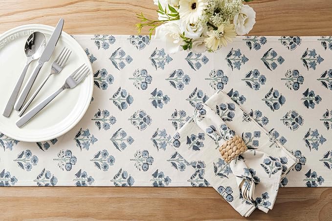 100% Cotton Block Print Floral Table Runners, 13x90 Inch Dusty Blue Farmhouse Table Runners 90 Inches Long Boho Flowers Home Decors