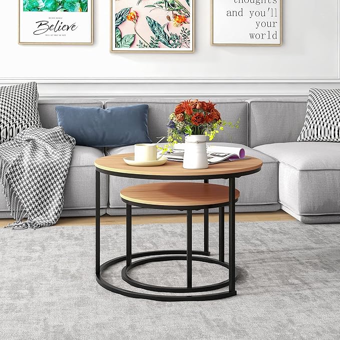 HOJINLINERO Round Coffee Table,Nesting Coffee Table Set of 2,Center Tables for Living Room,Office, Home Small Space,Stacking Side Tables,Sturdy and Easy Assembly,Wood Desktop,Black+Teak OAKDK,Large