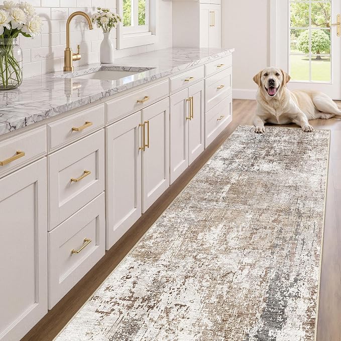 UERMEI 3x10 Washable Runner Rug for Hallway, Non Slip Low Pile Kitchen Carpet, Neutral Modern Abstract Indoor Floor Mat for Entryway Laundry, Kid & Pet Safe High Traffic Area, Brown/Grey/Red