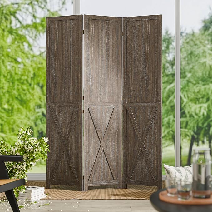 Cozy Castle 3 Panel Folding Room Divider, Solid Wood Privacy Screen, Freestanding Partition Wall, Temporary Wall for Home/Office/Bedroom/Restaurant, Rustic Brown