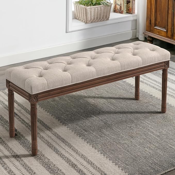 LUE BONA 44" Bedroom Bench, Fabric End of Bed Bench, Upholstered French Tufted Ottoman Bench with Carved Dark Brown Wood Legs for Bedroom End of Bed, Living Room, Linen