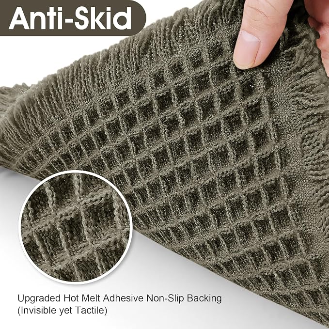 Upgraded Waffle Bath Mat, 36"x24" Greyish Green, Super Absorbent Non-Slip Quick Dry Bathroom Rugs with Tassels, Machine Washable Ultra Soft Boho Bath Rugs for Floor, Toilet Mats Boho Farmhouse Decor