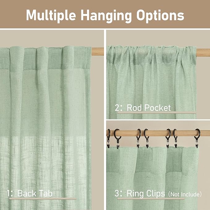 LAMIT Fresh Green Linen Curtains for Living Room, 78 Inch Faux Linen Textured Light Filtering Drapes Back Tab and Rod Pocket Boho Panels for Farmhouse/Bedroom/Porch, 52 x 78 Inch, 2 Panels Set