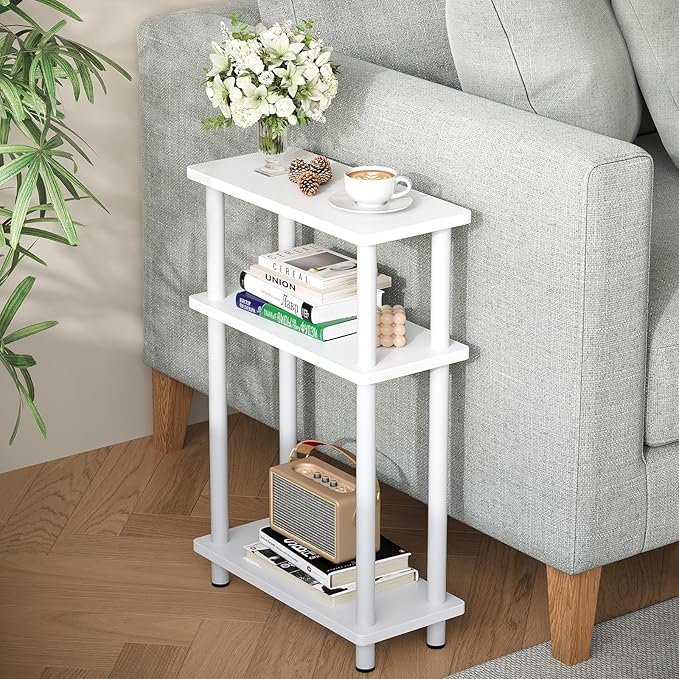 Apicizon Small Narrow Side Table, 3-Tier Skinny End Table with Storage Shelf, Slim Nightstand Bedside Table for Small Spaces, Living Room, Bderoom, White