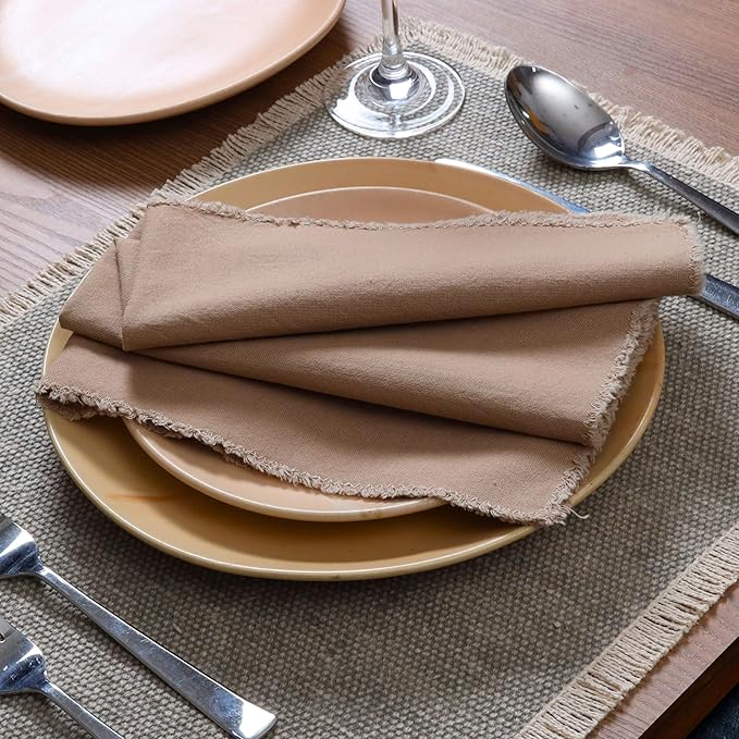 Palisa Premium Cotton Dinner Napkins Set of 12 | Desert Beige Frayed Edge Rustic Farmhouse Table Linen | Soft Washable Long Lasting Durable Cloth Serviettes for Wedding Dining Decor 18x18 Inch