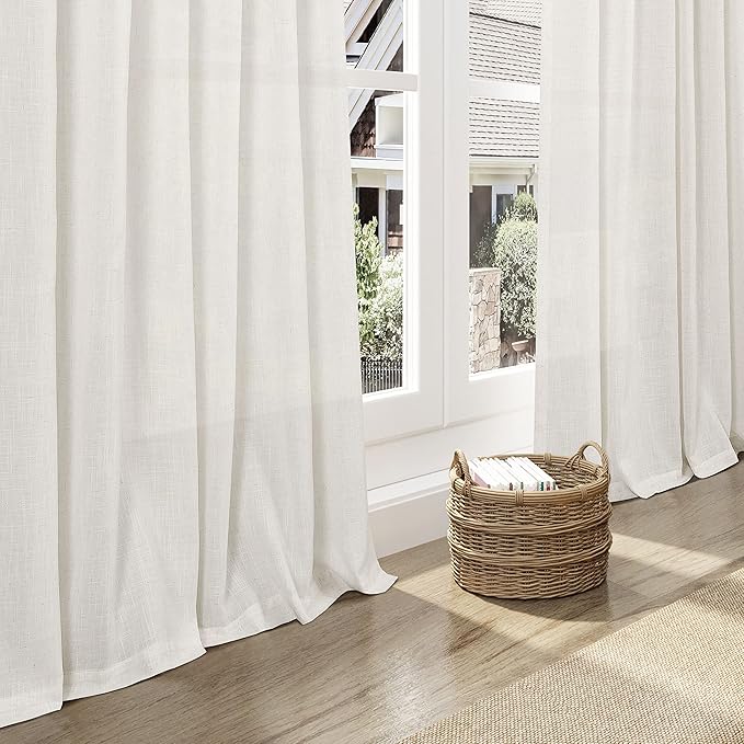 Cream Linen Curtains 117 Inches Long for Living Room Extra Long Back Tab Curtains Neutral Farmhouse Light Filtering Semi Sheer Linen Drapes Ceiling to Floor for Large Window 2 Panels Set 52x117