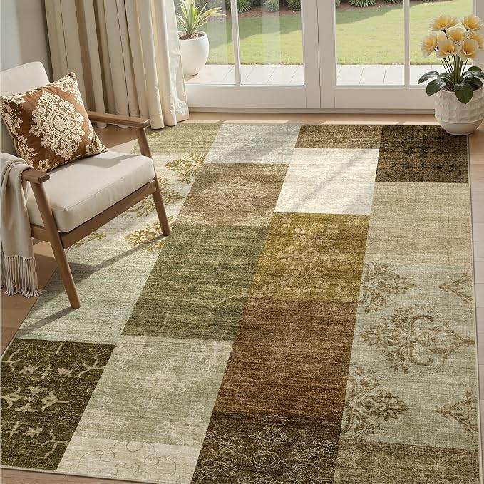 UERMEI 5x7 Area Rug for Living Room - Washable Neutral Modern Abstract Carpet, Non-Slip Soft Large Indoor Floor Rugs for Bedroom Home Office & Under Dining Table Decor, Brown/Green