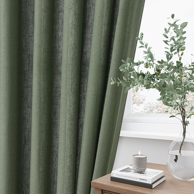 Aersas Olive Green Pinch Pleat Linen Curtains 45 Inch Long for Kitchen Pleated with Hooks Back Tab Light Filtering Boho Farmhouse Short Semi Sheer 45 Inch Cafe Curtain for Dining Room RV Small Window