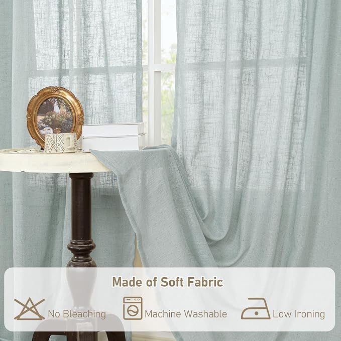 LAMIT Short Linen Curtains 30 Inch Length for Small Windows, Semi Sheer Light Filtering Panels Bronze Grommet Cafe Drapes for Half Window, Greyish Blue, 2 Panels, 34 x 30 Inch