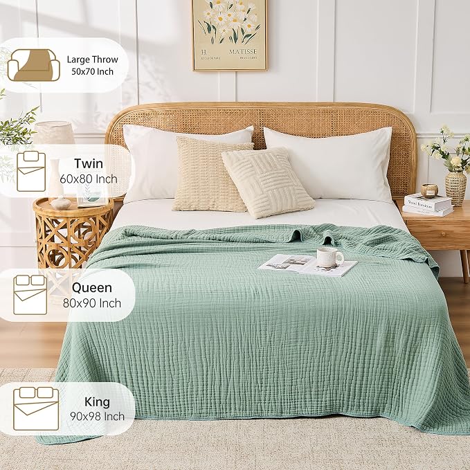 VANJOROY 9-Layer Muslin Throw Blanket Twin 60" x 80" Teal, 100% Cotton Organic Breathable Lightweight Large Throw for Couch Bed Quilt and Bedspread - All Season Muslin Soft Gauze Blanket