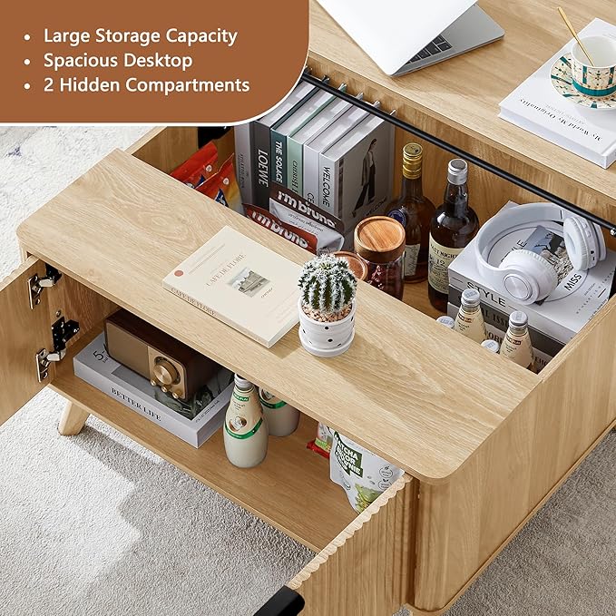 Fluted Lift Top Coffee Table with Large Hidden Compartment, 31.5” Wooden Center Table with Storage, Mid Century Modern Lift Tabletop Coffee Tables for Living Room Home Office, Natural