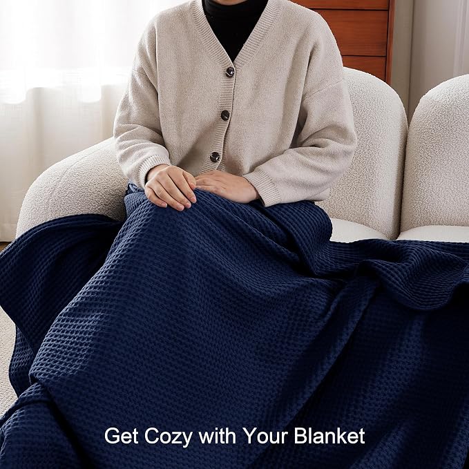 100% Egyptian Cotton Waffle Weave Blanket King Size for Bed, 320 GSM - Breathable and Soft for Spring Summer, Lightweight All Season Bed Blanket for Couch, Sofa (104x90 Inches, Navy)