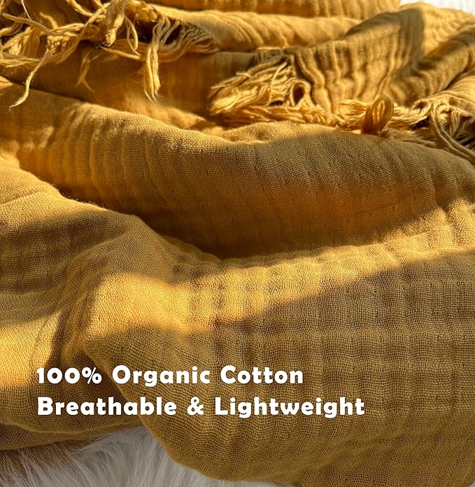 KyraHome 100% Organic Cotton Throw Blanket for Adult, Couch, 60"x80" Plant-Dyed Large Muslin Blankets, Picnic, Pre-Washed Breathable Gauze Summer Throw Blankets, All Season (Mustard Yellow)