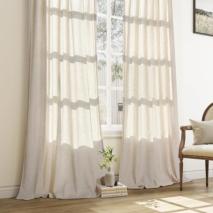 Aersas Natural Cream Pinch Pleated Linen Curtains 86 Inches Long for Living Room Bedroom Pinch Pleat with Hooks Back Tab Light Filtering Boho Farmhouse Semi Sheer 86 Inch Curtain for Dining Room