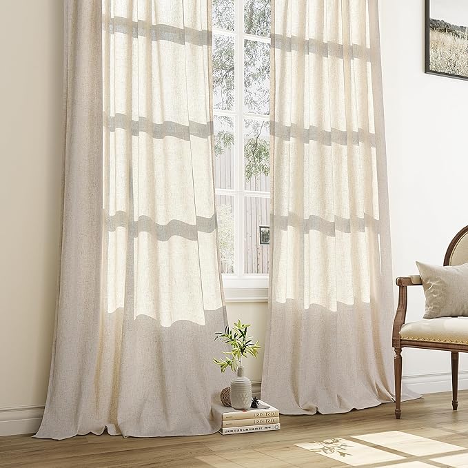 Aersas Natural Pinch Pleat Linen Curtains 86 Inch Length 2 Panels Set for Bedroom Dining Room Semi Sheer Linen Boho Farmhouse Neutral Window Curtains 86 Inches Long for Living Room Nursery 50x86