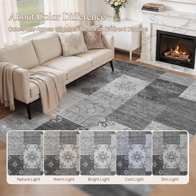 UERMEI 5x7 Area Rug for Living Room - Washable Vintage Carpet, Non-Slip Soft Large Indoor Floor Rugs for Bedroom Home Office & Under Dining Table Decor, Gray Block