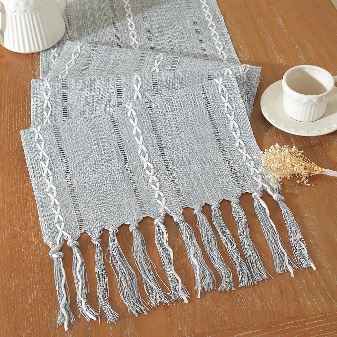 Farmhouse Decor Boho Table Runner with Macrame, Elegant Dusty Blue Coffee Table Runners 108 Inches Long, Rustic Home Decor Boho Decorations for Dining Room Kitchen Baby Bridal Shower (13"×108")