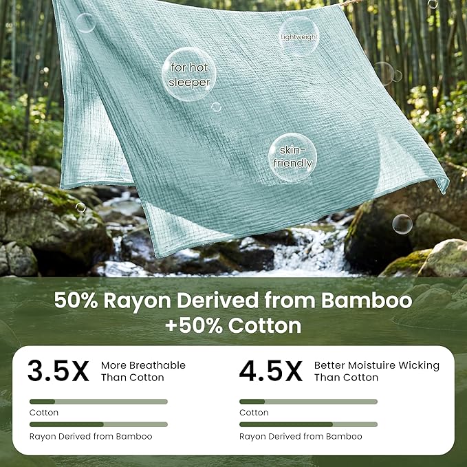 Love's cabin Cooling Muslin Blanket Queen Size, 50% Rayon Derived from Bamboo, 50% Cotton, 4-Layer Lightweight Breathable Summer Gauze Blanket for Bed, Soft for Hot Sleepers and Kids, 90"x90", Cyan