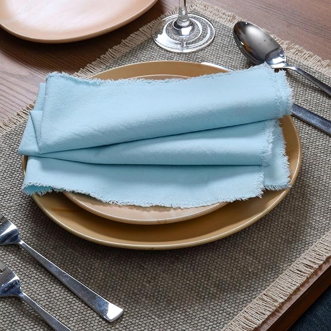Palisa Premium Cotton Dinner Napkins Set of 12 | Light Blue Frayed Edge Rustic Farmhouse Table Linen | Soft Washable Long Lasting Durable Cloth Serviettes for Wedding Dining Decor 18x18 Inch