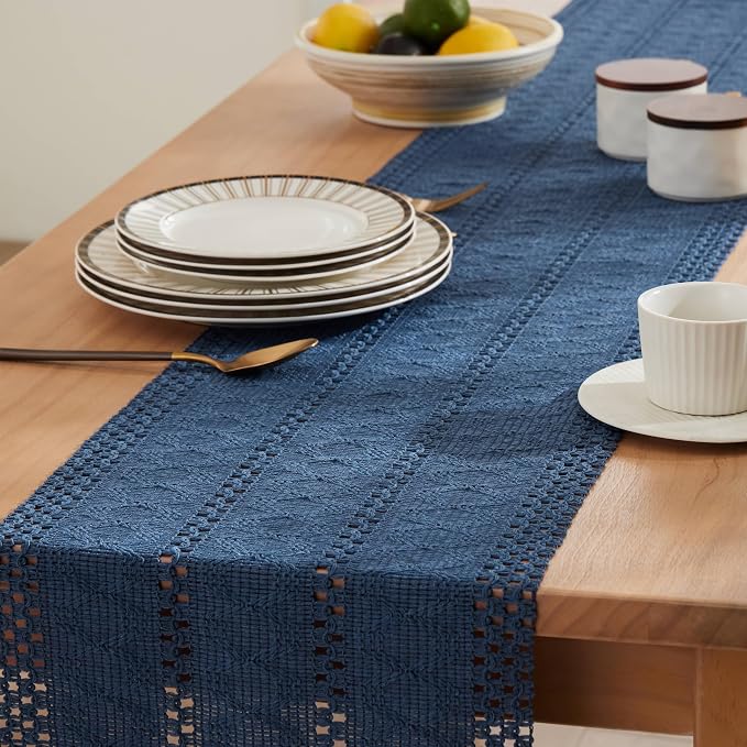 ZeeMart Macrame Style Boho Table Runner, Blue Table Runners 72 Inches Long, Farmhouse Woven Home Decor, 12x72 Inch, Dusty Blue
