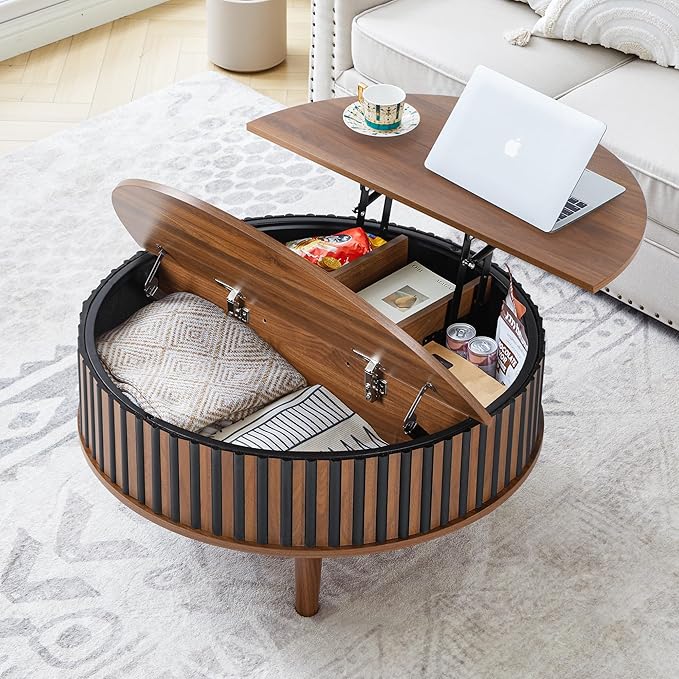 Janmer Home Round Lift Top Coffee Table with Storage, Fluted Mid Century Modern Coffee Tables, Small Space,31.5" Wooden Center Table for Living Room, Apartment, Office (Black Walnut)