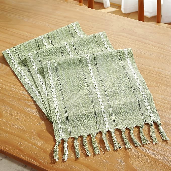 Rustic Farmhouse Style Linen Table Runner, Boho Handmade Tassel Embroidered Small Table Runners 48 Inches Long for Holiday Party, Christmas and Dining Decorations, 13 inchW X 48 inchL - Sage Green