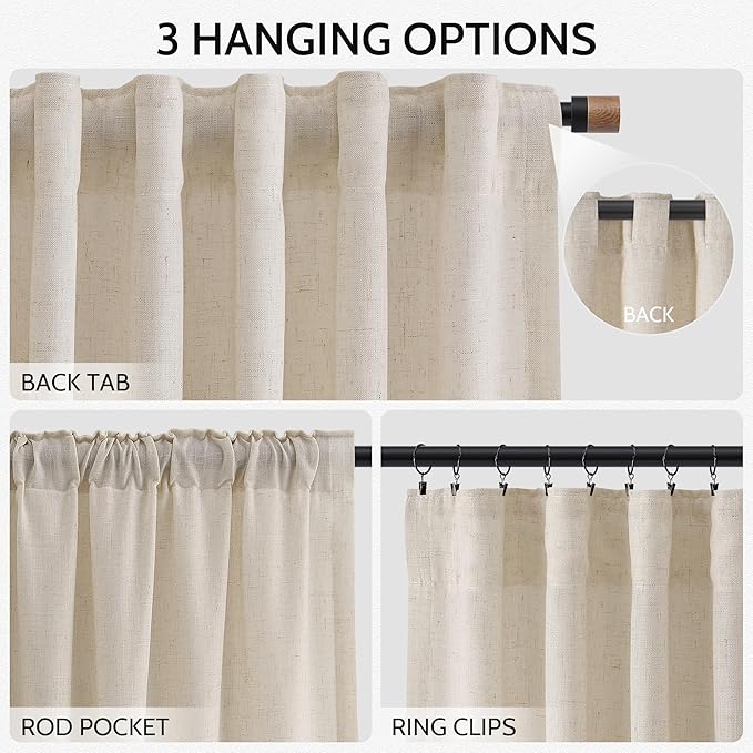 Nanspring Modern Farmhouse Decor Curtains 96 Inches Long for Living Room Linen Cream Beige Luxury Light Filtering Semi Sheer Curtain Back Tab Coastal Drapes for Bedroom Office 52x96, 2 Panels
