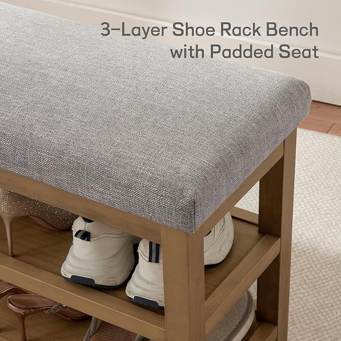Zihanhome 2 Tier Shoe Rack Bench with Cushion, Solid Wood Shoe Benches, Mid-Century Modern Shoe Storage Bench for Entryway, Hallway, Living Room, Closet, Front Door Entrance, (Grey, 39.4")