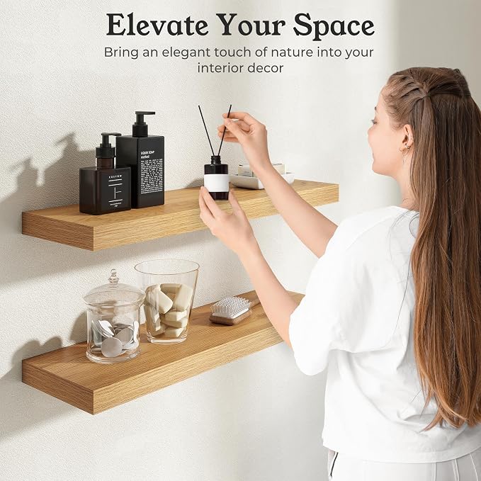 Floating Shelves for Wall, 9.3" Deep Wall Mounted Wood Shelves for Bathroom, Bedroom, Living Room, Kitchen, Hanging Shelf for Books/Storage/Room Decor (Oak, 36")