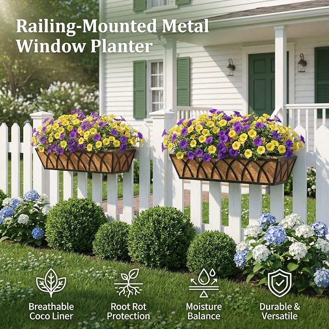 24 Inch Railing Planter Box with Coco Liner, Adjustable Metal Window Box, Hanging Flower Planter Outdoor, for Balcony Deck Fence Garden, Black, Set of 2