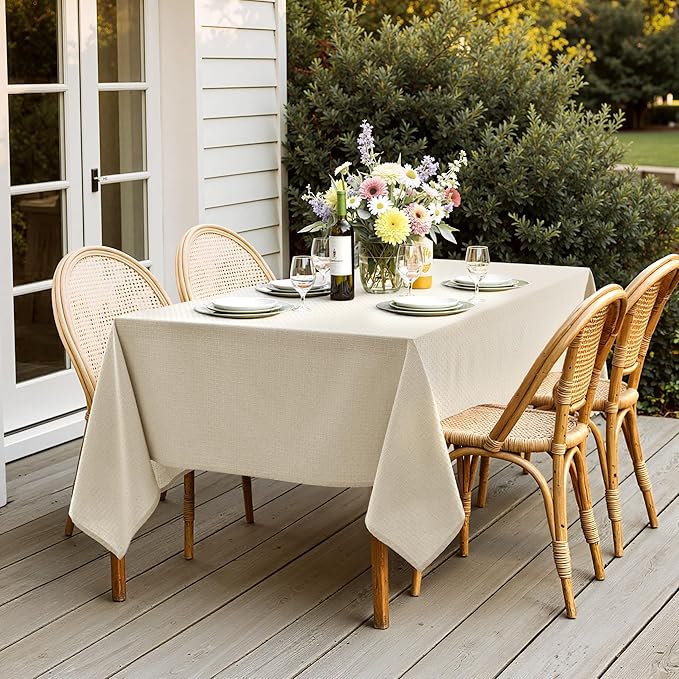 MIULEE Natural Beige Linen Cotton Table Cloth Rectangle Tablecloth Spring Waterproof Spillproof Cross-Star Textured Table Cltoth Decorative Farmhouse Style for Dining Party Weddings 60x120 Inch