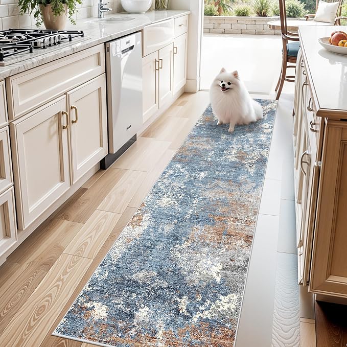 2x8 Washable Non-Slip Hallway Runner Rug – Modern Coastal Abstract Neutral Stain-Resistant Low-Pile Carpet Runner for Kitchen Entryway Bedroom Bathroom (Blue Rust,2x8)