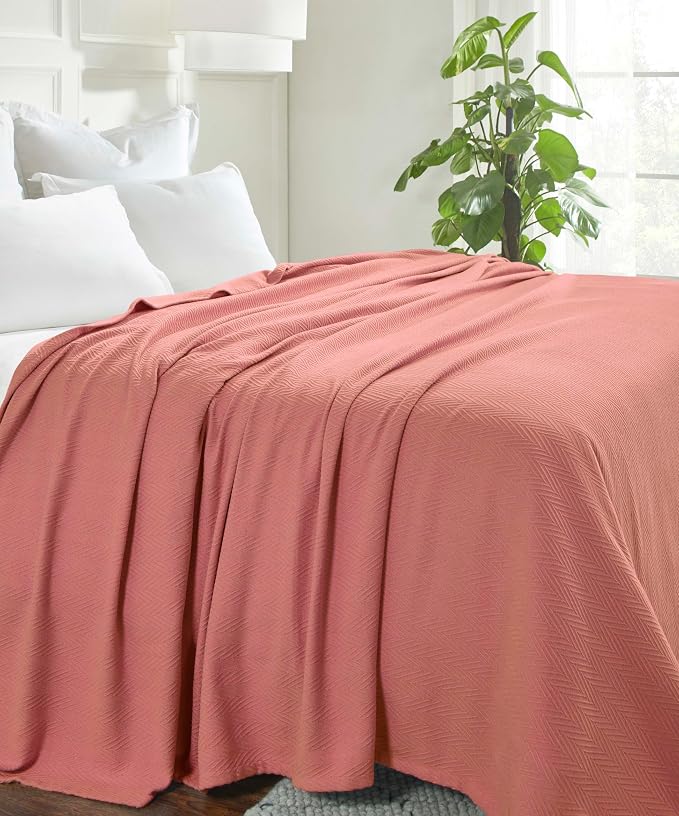 Superior Metro All-Season Cotton Blanket, Woven Blanket for Couch, Bed, Bedding, Farmhouse, Home Essentials, Cute and Cozy Bohemian Blankets, Herringbone Weave, Throw Size, Coral